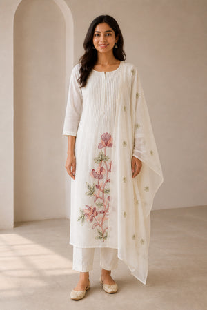 Peachmode Cream Chanderi Cotton Floral Embroidered Salwar Suit - Image 2