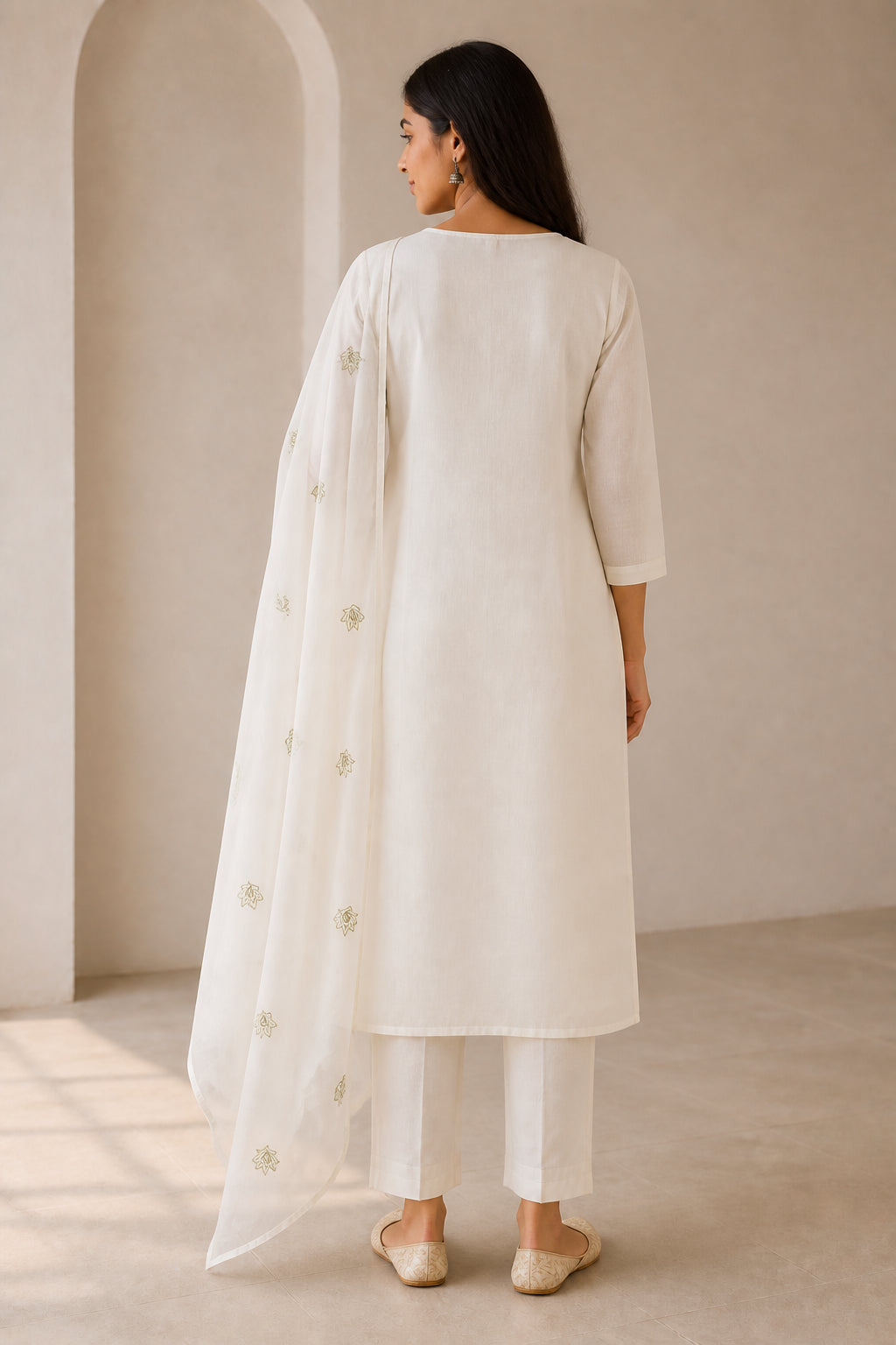 Peachmode Cream Chanderi Cotton Floral Embroidered Salwar Suit - Image 4