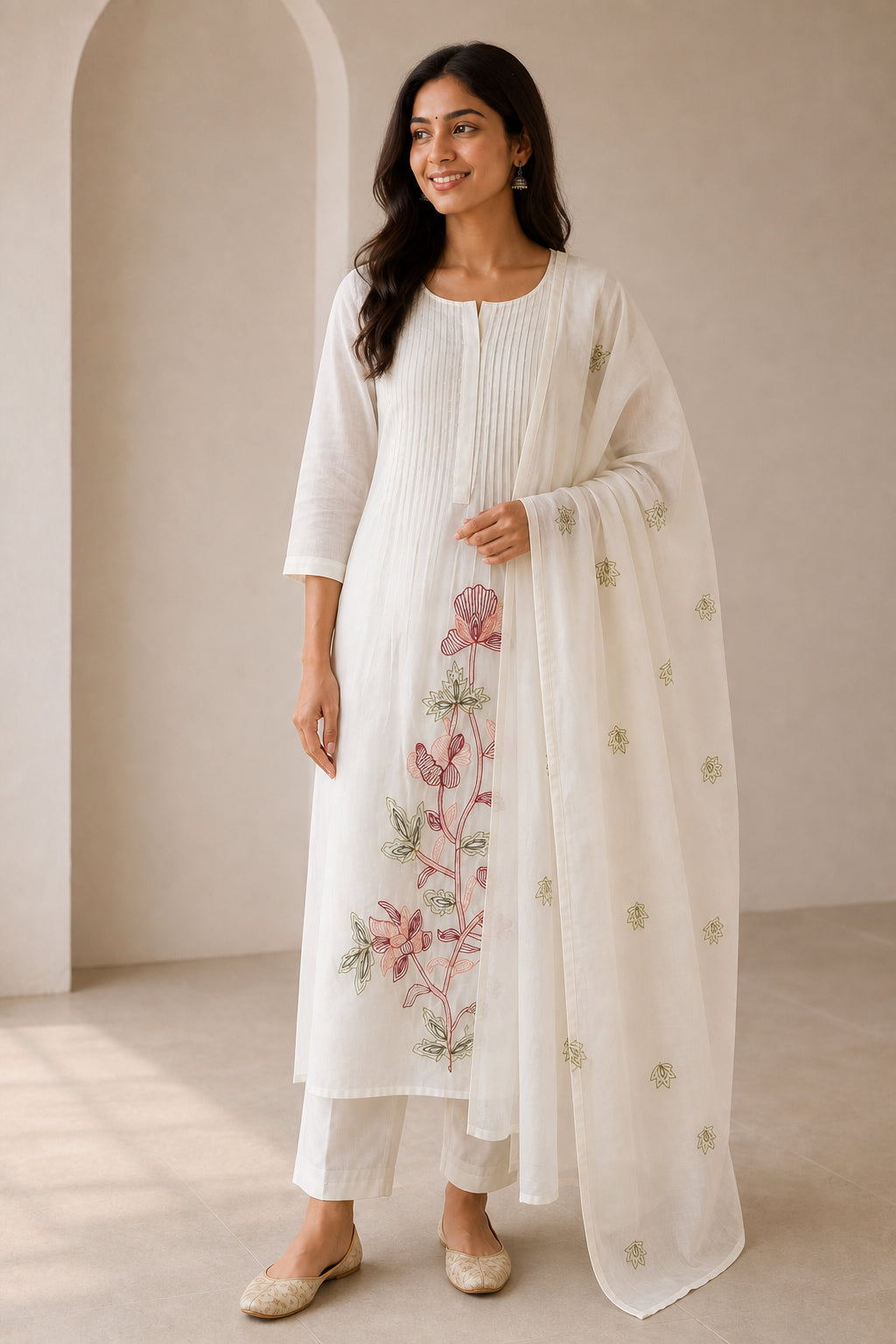 Peachmode Cream Chanderi Cotton Floral Embroidered Salwar Suit - Image 5