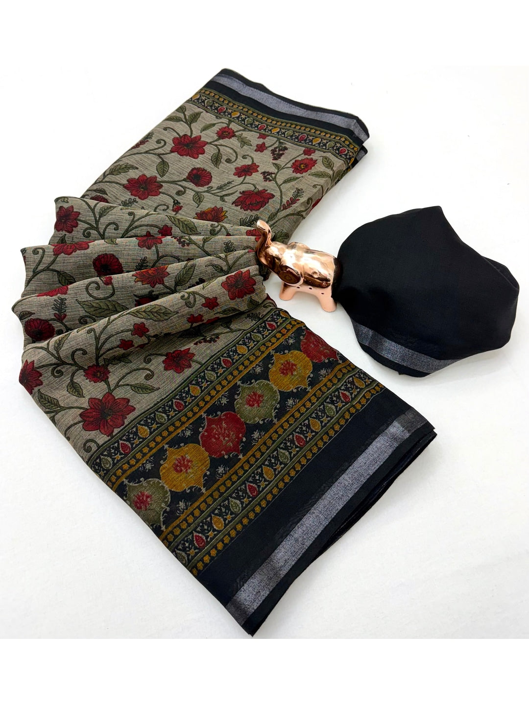 Beige & Black Ajrakh Floral Printed Semi Cotton Saree With Silver Zari Border - Image 2