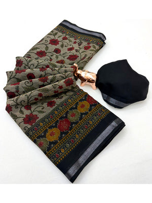Beige & Black Ajrakh Floral Printed Semi Cotton Saree With Silver Zari Border - Image 2