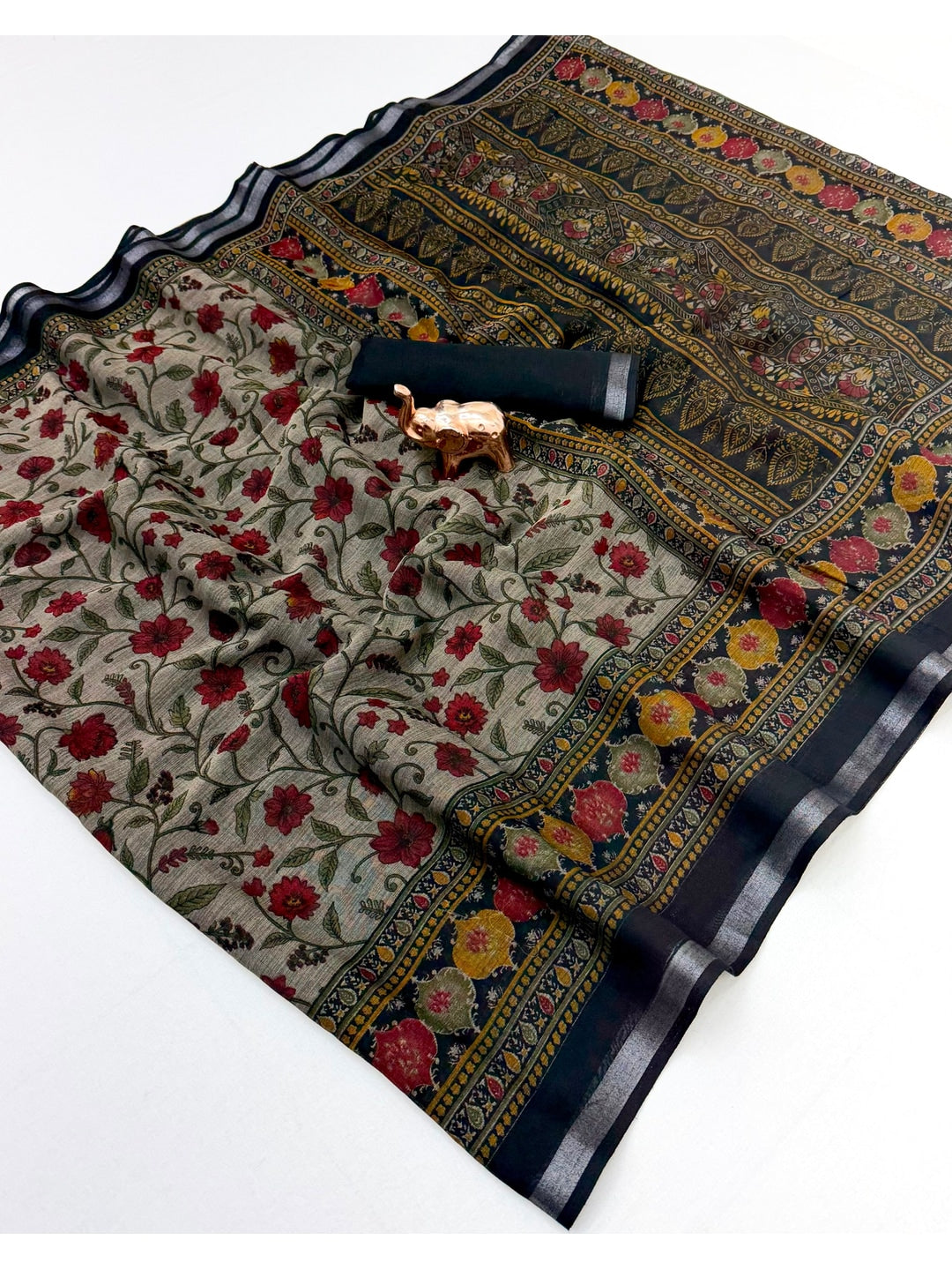 Beige & Black Ajrakh Floral Printed Semi Cotton Saree With Silver Zari Border - Image 3