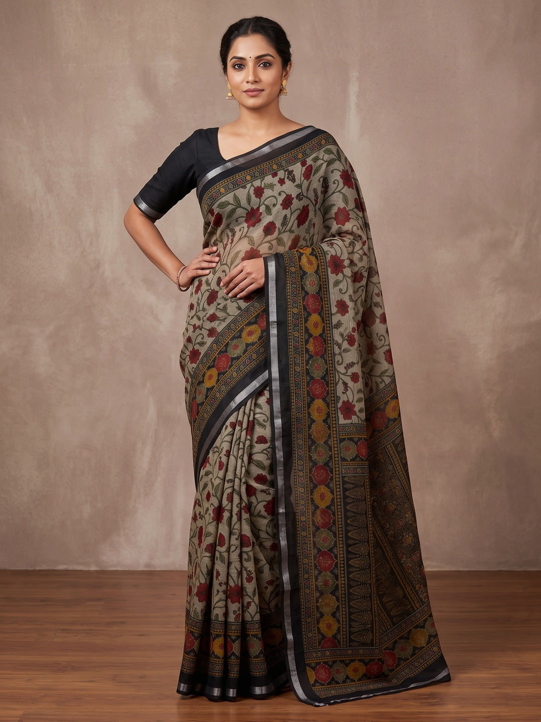 Beige & Black Ajrakh Floral Printed Semi Cotton Saree With Silver Zari Border - Image 1