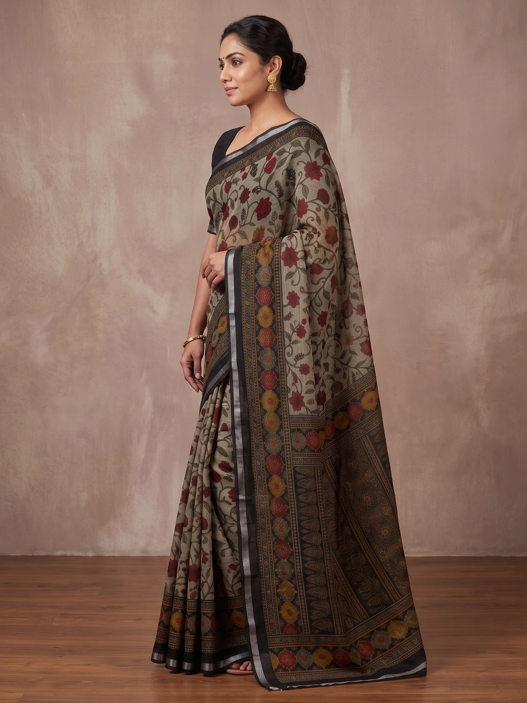Beige & Black Ajrakh Floral Printed Semi Cotton Saree With Silver Zari Border - Image 4