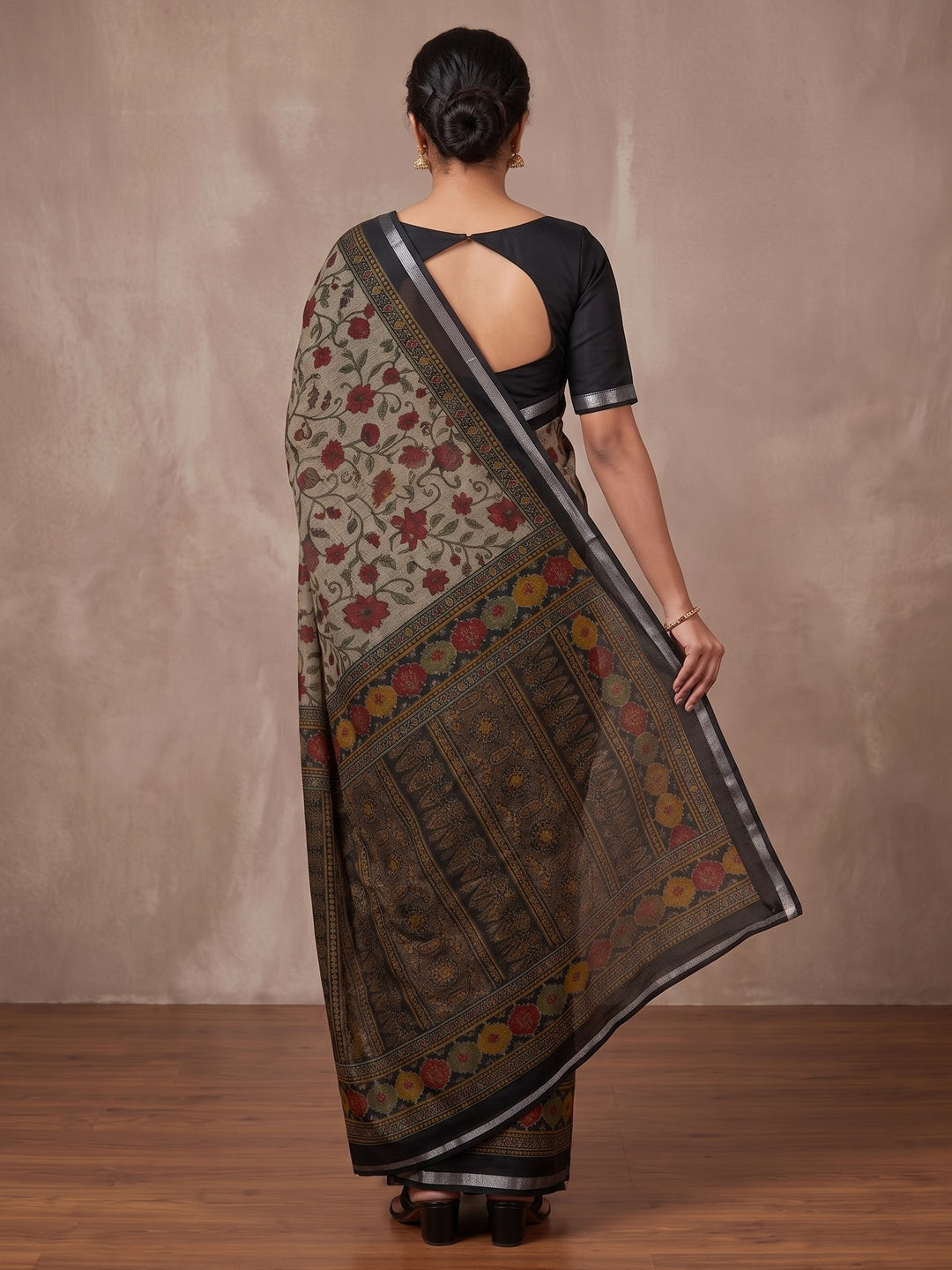 Beige & Black Ajrakh Floral Printed Semi Cotton Saree With Silver Zari Border - Image 5