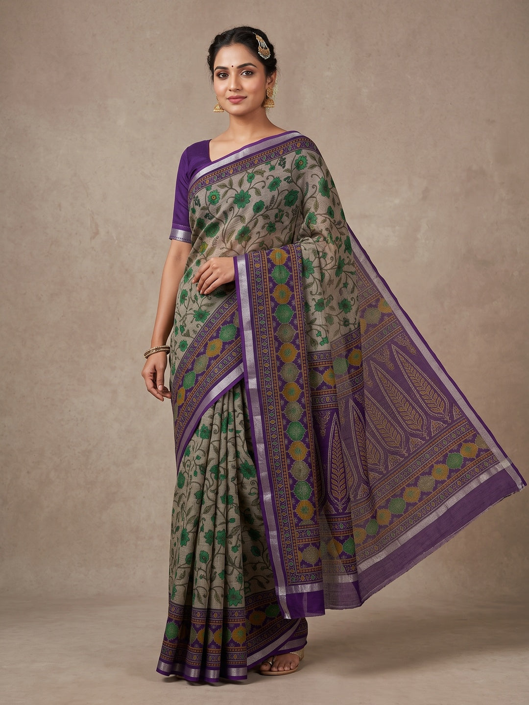 Beige & Purple Ajrakh Floral Printed Semi Cotton Saree With Silver Zari Border - Image 1