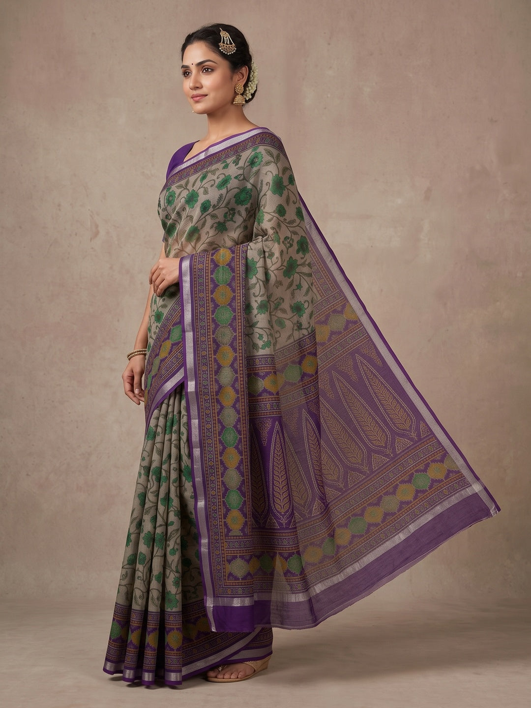 Beige & Purple Ajrakh Floral Printed Semi Cotton Saree With Silver Zari Border - Image 4