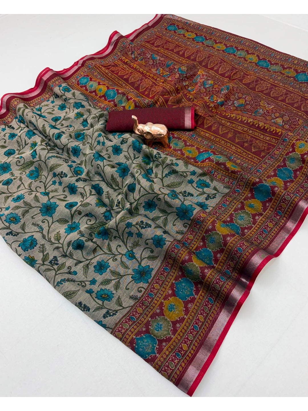 Beige & Maroon Ajrakh Floral Printed Semi Cotton Saree With Silver Zari Border - Image 2