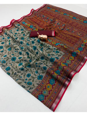 Beige & Maroon Ajrakh Floral Printed Semi Cotton Saree With Silver Zari Border - Image 2