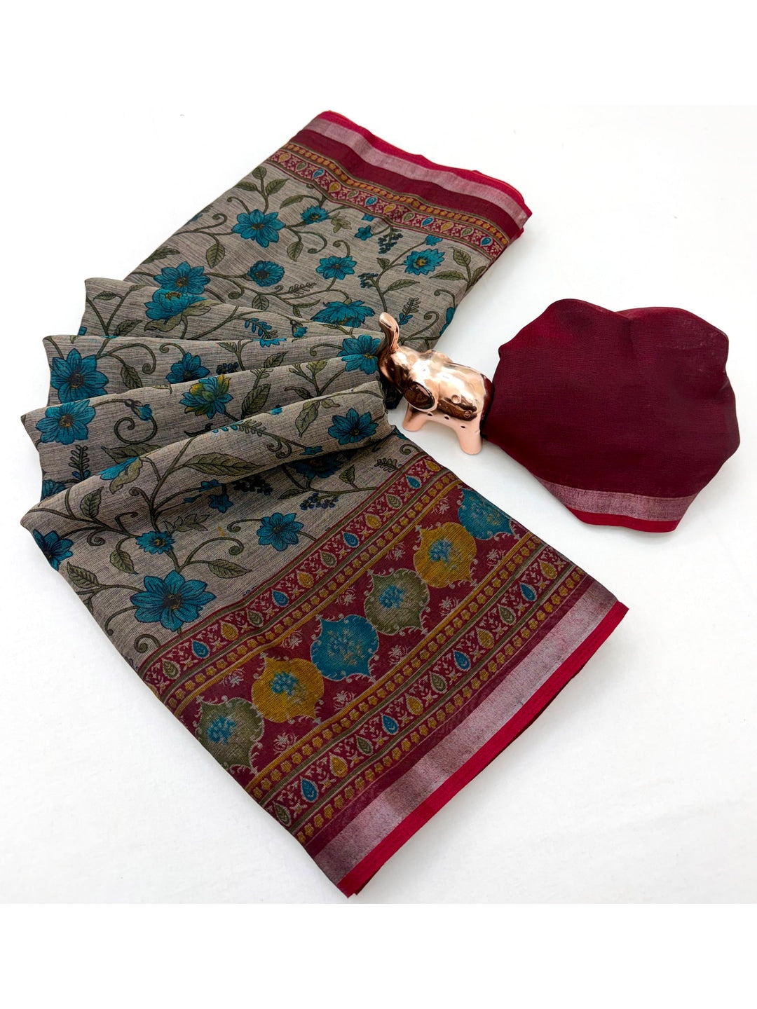 Beige & Maroon Ajrakh Floral Printed Semi Cotton Saree With Silver Zari Border - Image 3