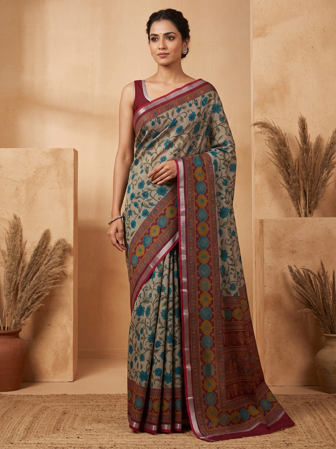 Beige & Maroon Ajrakh Floral Printed Semi Cotton Saree With Silver Zari Border - Image 1