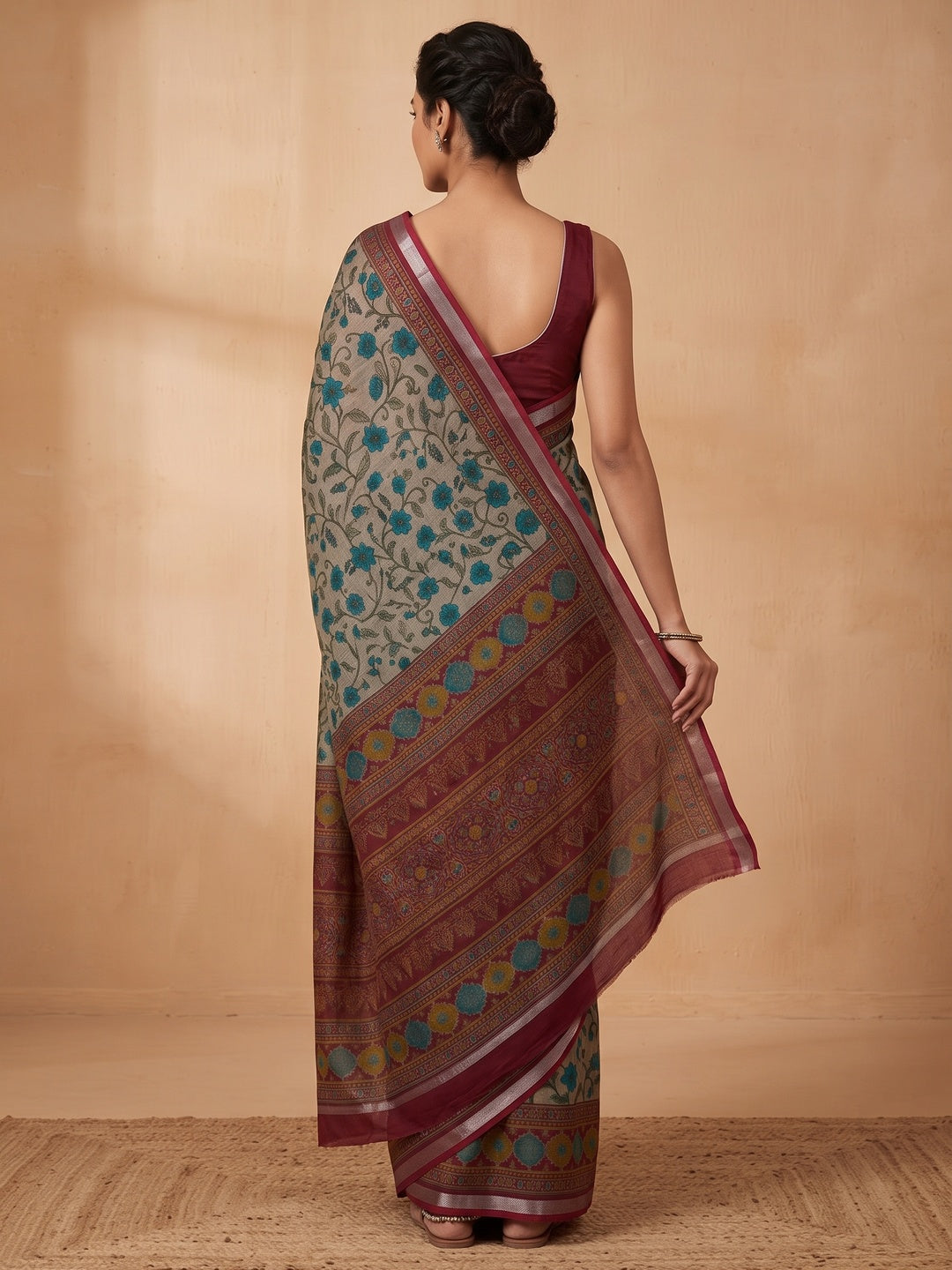 Beige & Maroon Ajrakh Floral Printed Semi Cotton Saree With Silver Zari Border - Image 5