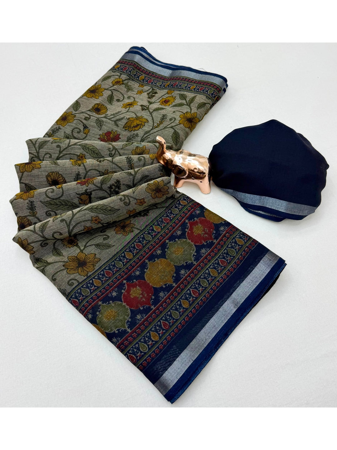 Beige & Navy Blue Ajrakh Floral Printed Semi Cotton Saree With Silver Zari Border - Image 2