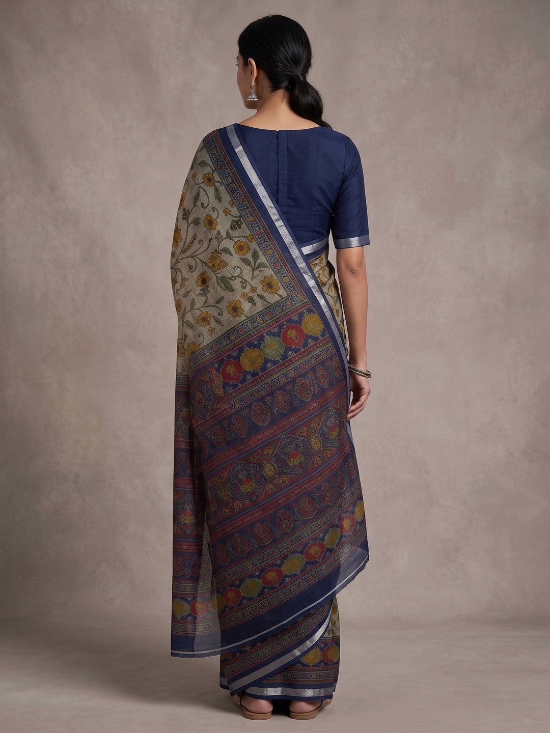 Beige & Navy Blue Ajrakh Floral Printed Semi Cotton Saree With Silver Zari Border - Image 5