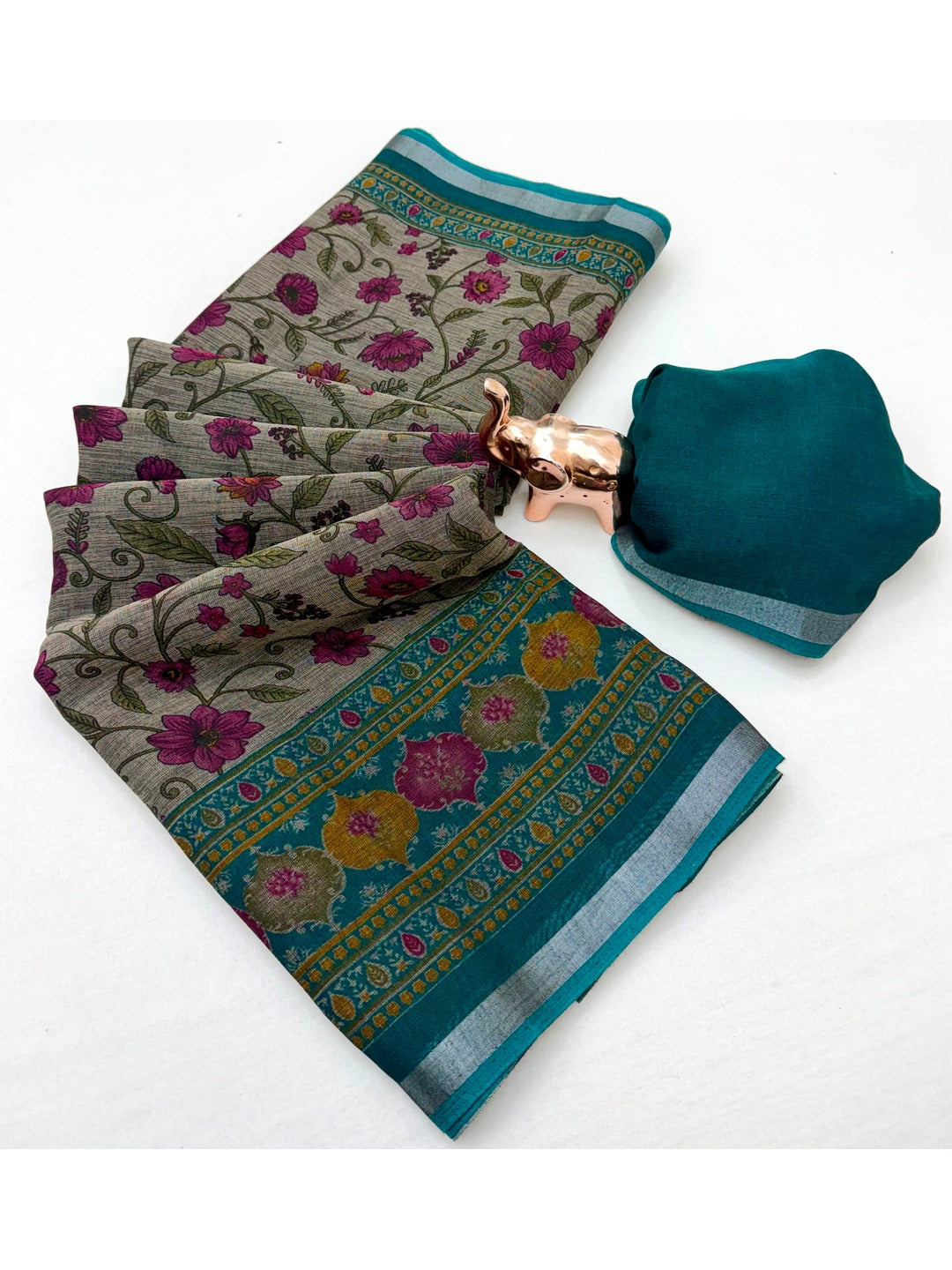 Beige & Teal Ajrakh Floral Printed Semi Cotton Saree With Silver Zari Border - Image 2