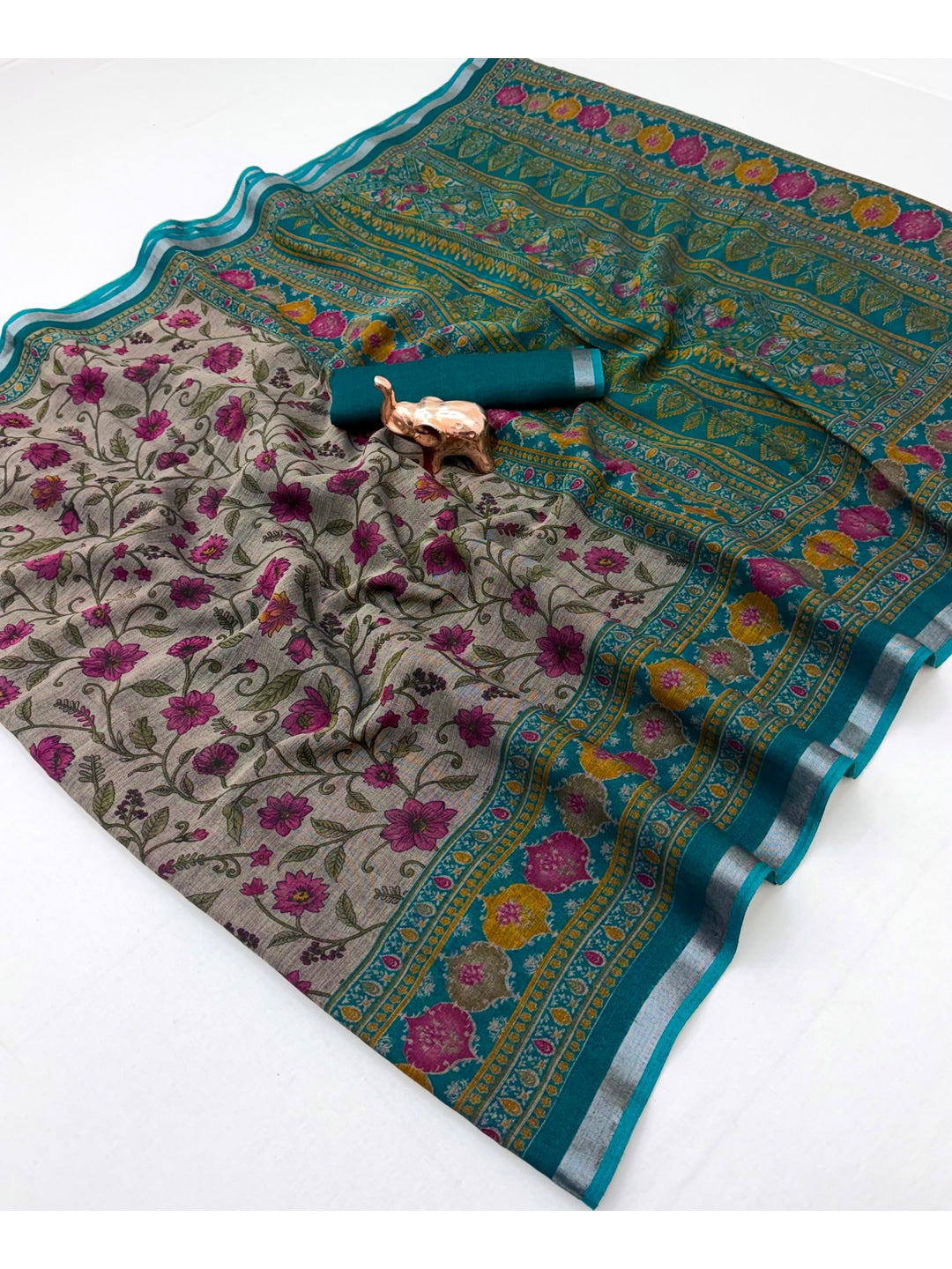 Beige & Teal Ajrakh Floral Printed Semi Cotton Saree With Silver Zari Border - Image 3