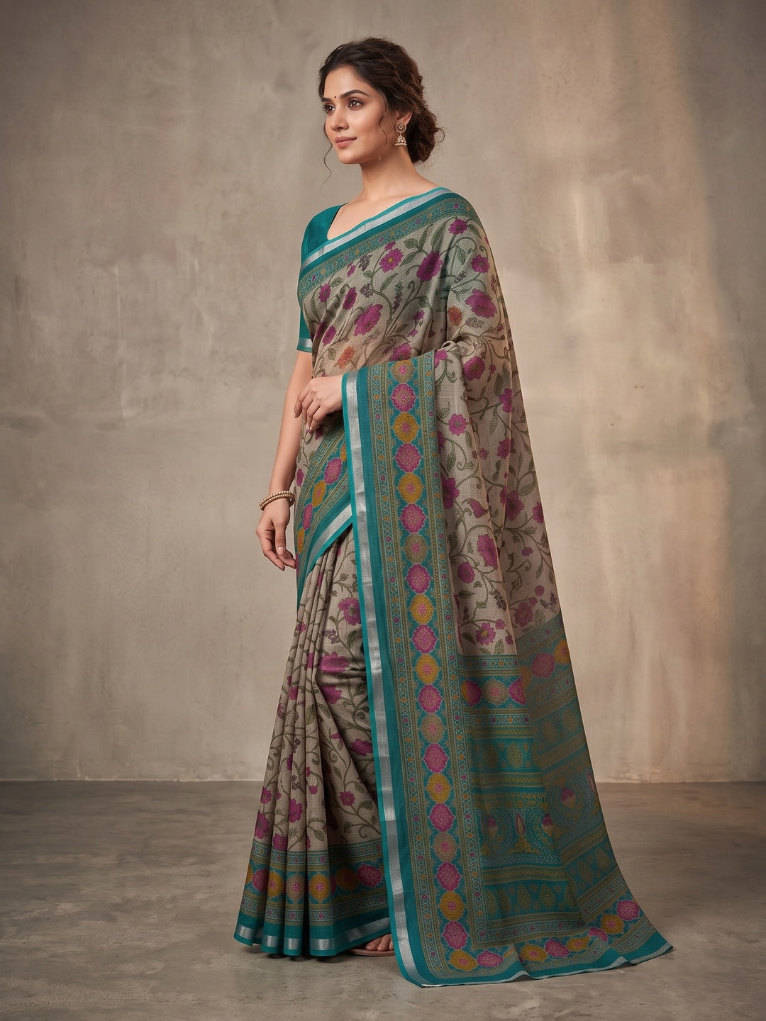 Beige & Teal Ajrakh Floral Printed Semi Cotton Saree With Silver Zari Border - Image 4