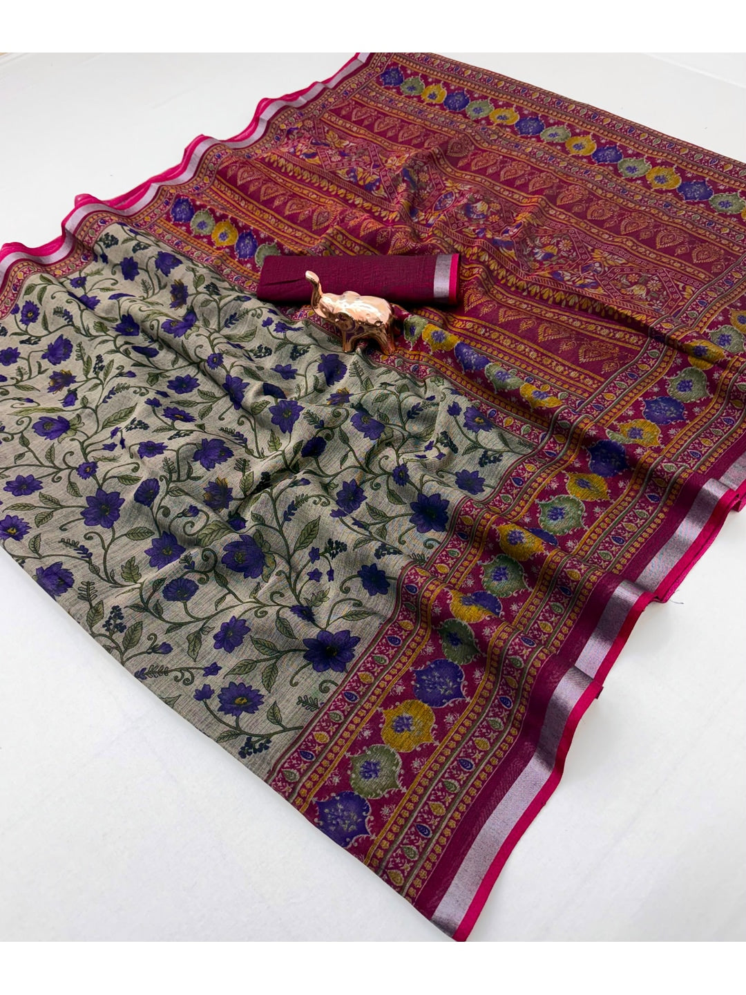Beige & Wine Ajrakh Floral Printed Semi Cotton Saree With Silver Zari Border - Image 2