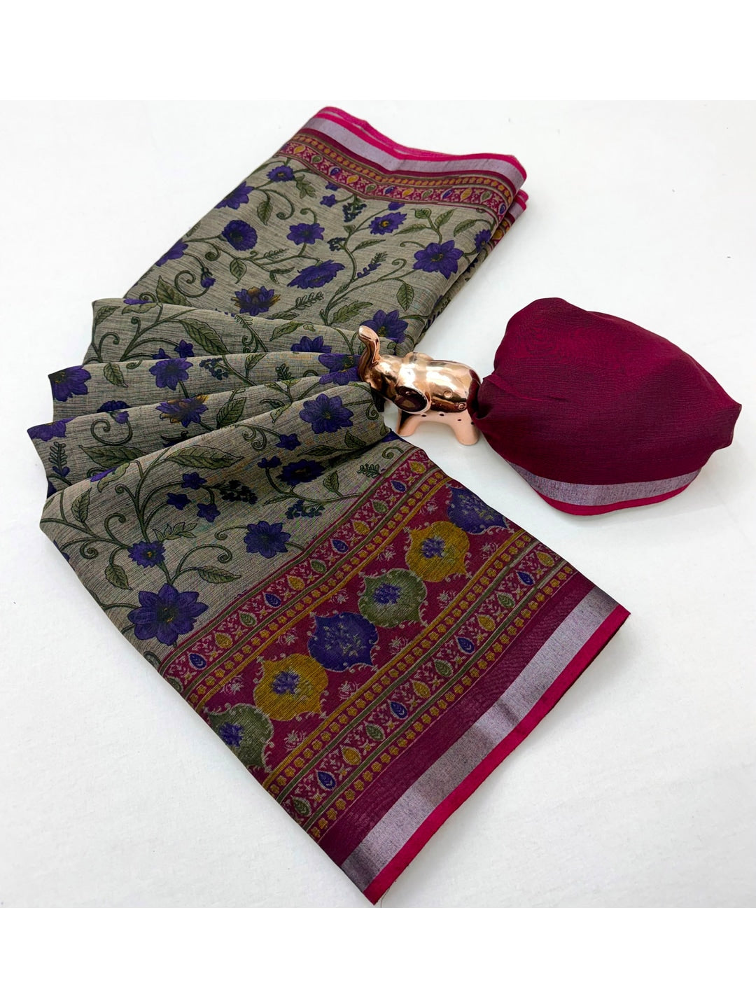 Beige & Wine Ajrakh Floral Printed Semi Cotton Saree With Silver Zari Border - Image 3