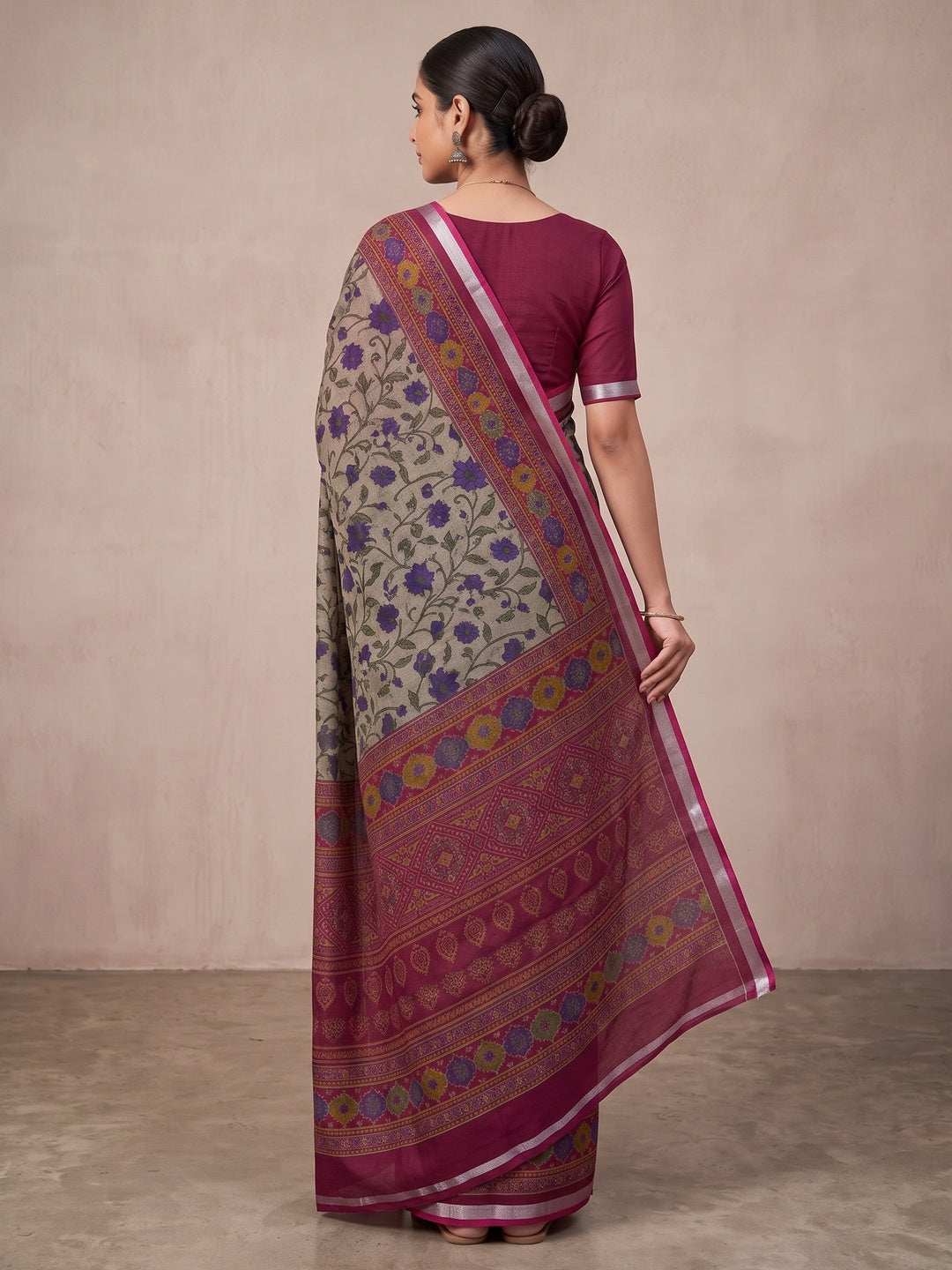 Beige & Wine Ajrakh Floral Printed Semi Cotton Saree With Silver Zari Border - Image 5