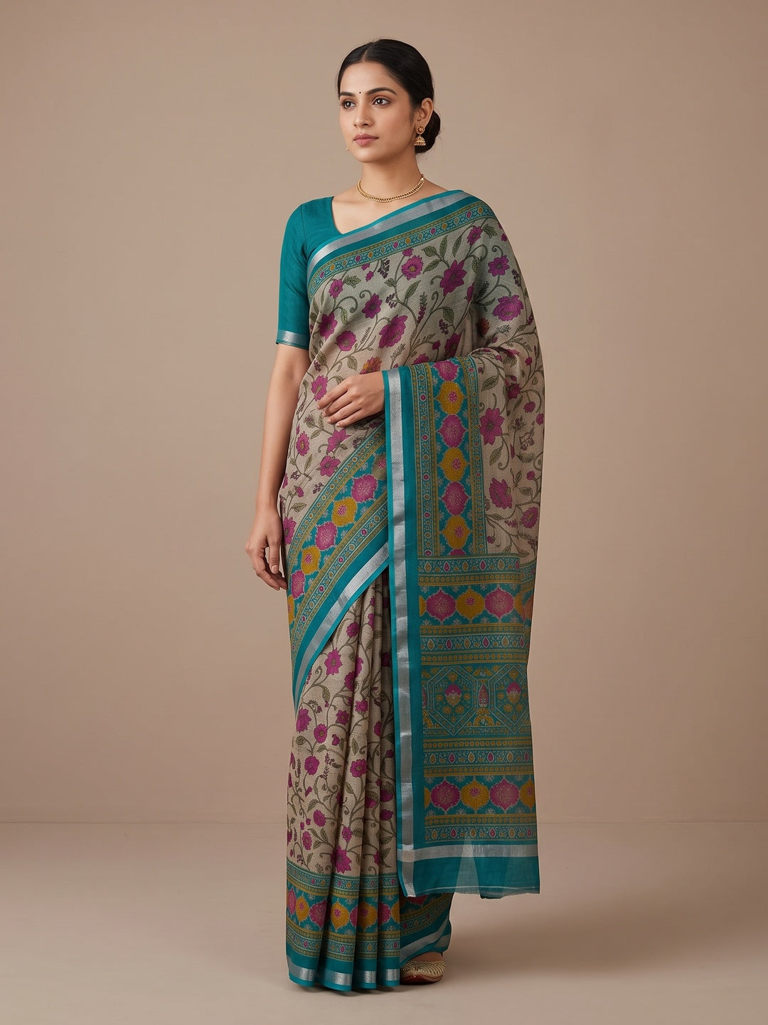 Beige & Teal Ajrakh Floral Printed Semi Cotton Saree With Silver Zari Border - Image 1