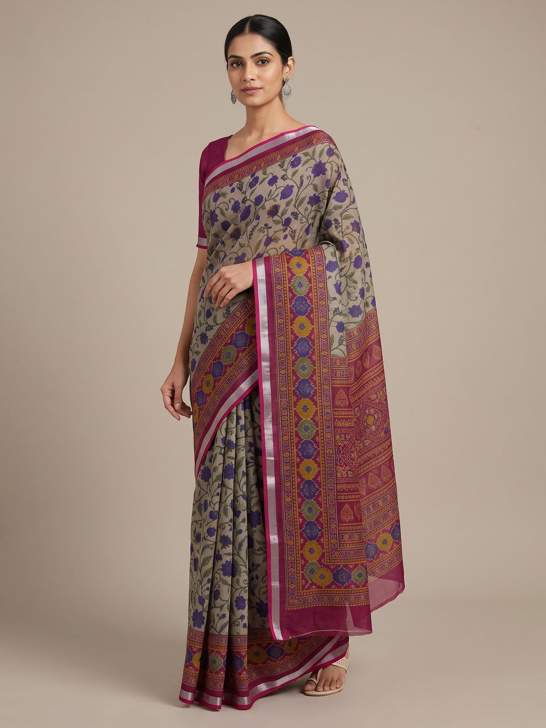 Beige & Wine Ajrakh Floral Printed Semi Cotton Saree With Silver Zari Border - Image 1