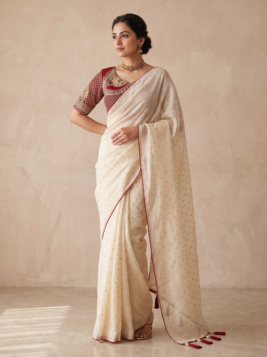 Cream Jacquard Saree With Buti Weave, Red Piping & Embroidered Blouse - Image 1