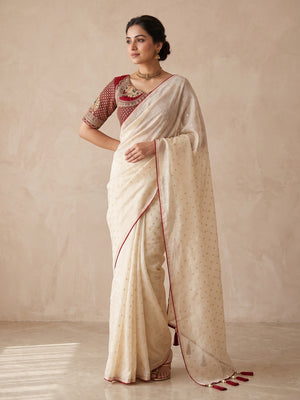 Cream Jacquard Saree With Buti Weave, Red Piping & Embroidered Blouse - Image 1