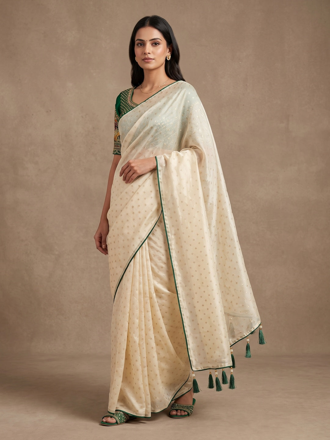 Cream Jacquard Saree With Buti Weave, Green Piping & Embroidered Blouse - Image 1