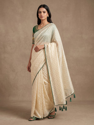 Cream Jacquard Saree With Buti Weave, Green Piping & Embroidered Blouse - Image 1