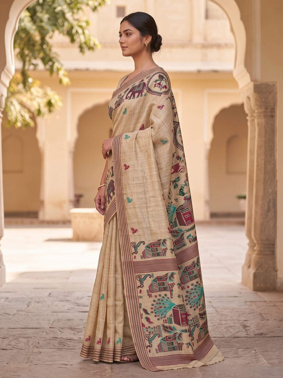 Peachmode Cream Wine Woven Cotton Blend Jamdani Saree - Image 4