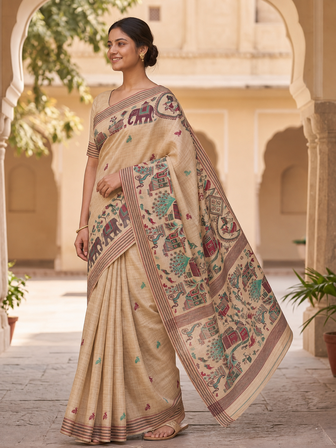 Peachmode Cream Wine Woven Cotton Blend Jamdani Saree - Image 1