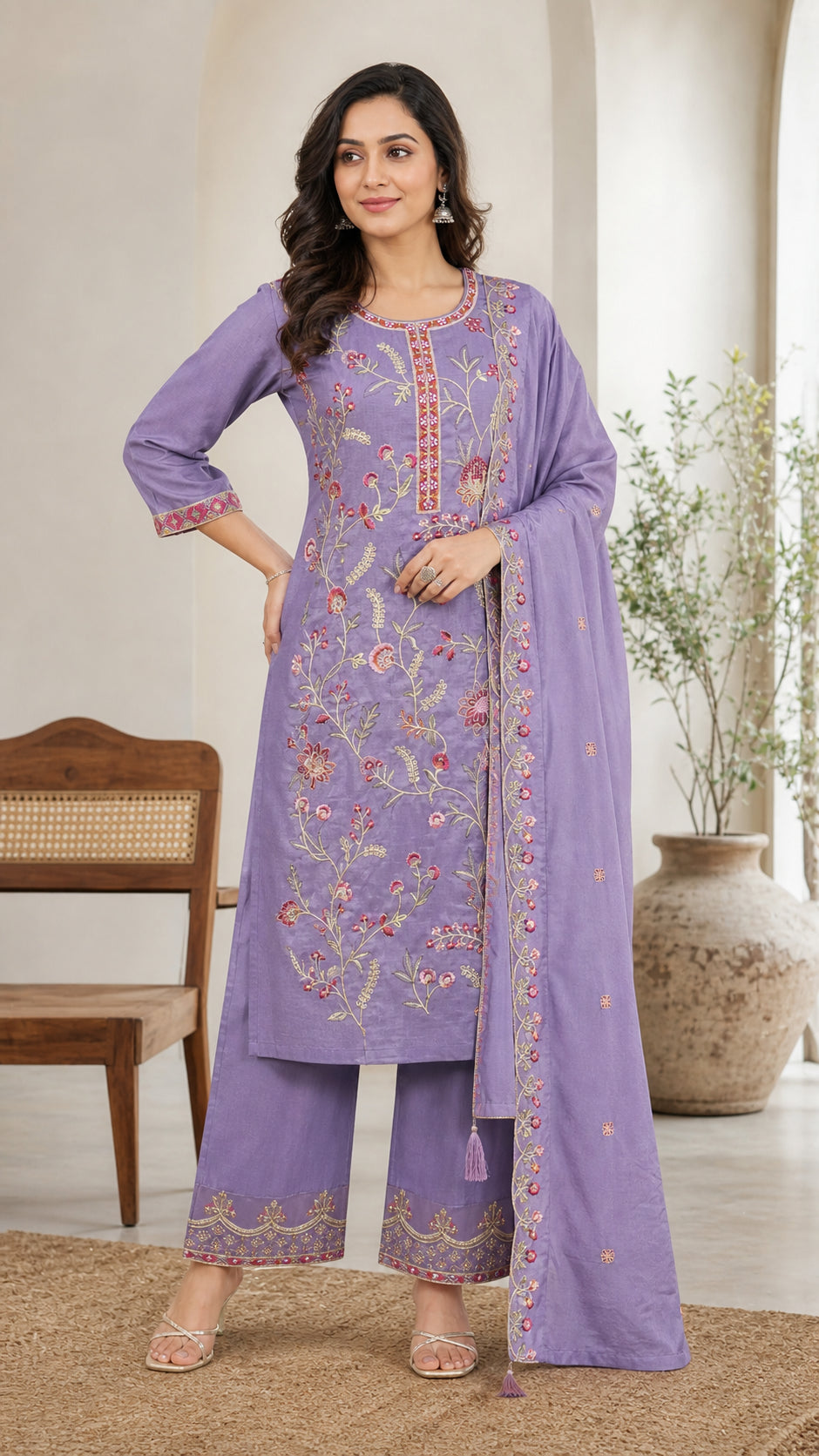 Peachmode Lavender Vichitra Silk Floral Embroidered Salwar Suit - Image 1