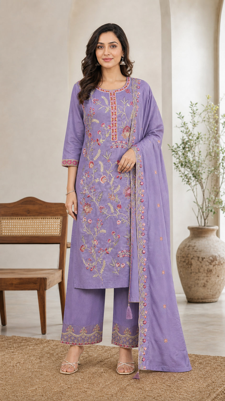 Peachmode Lavender Vichitra Silk Floral Embroidered Salwar Suit - Image 2