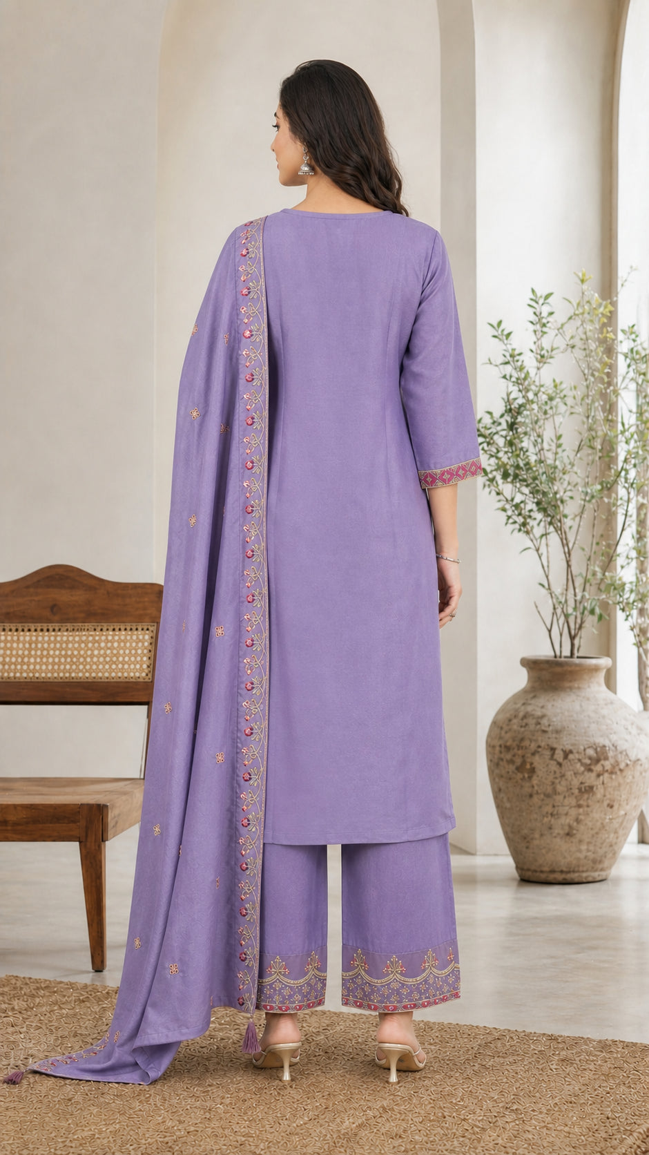 Peachmode Lavender Vichitra Silk Floral Embroidered Salwar Suit - Image 4