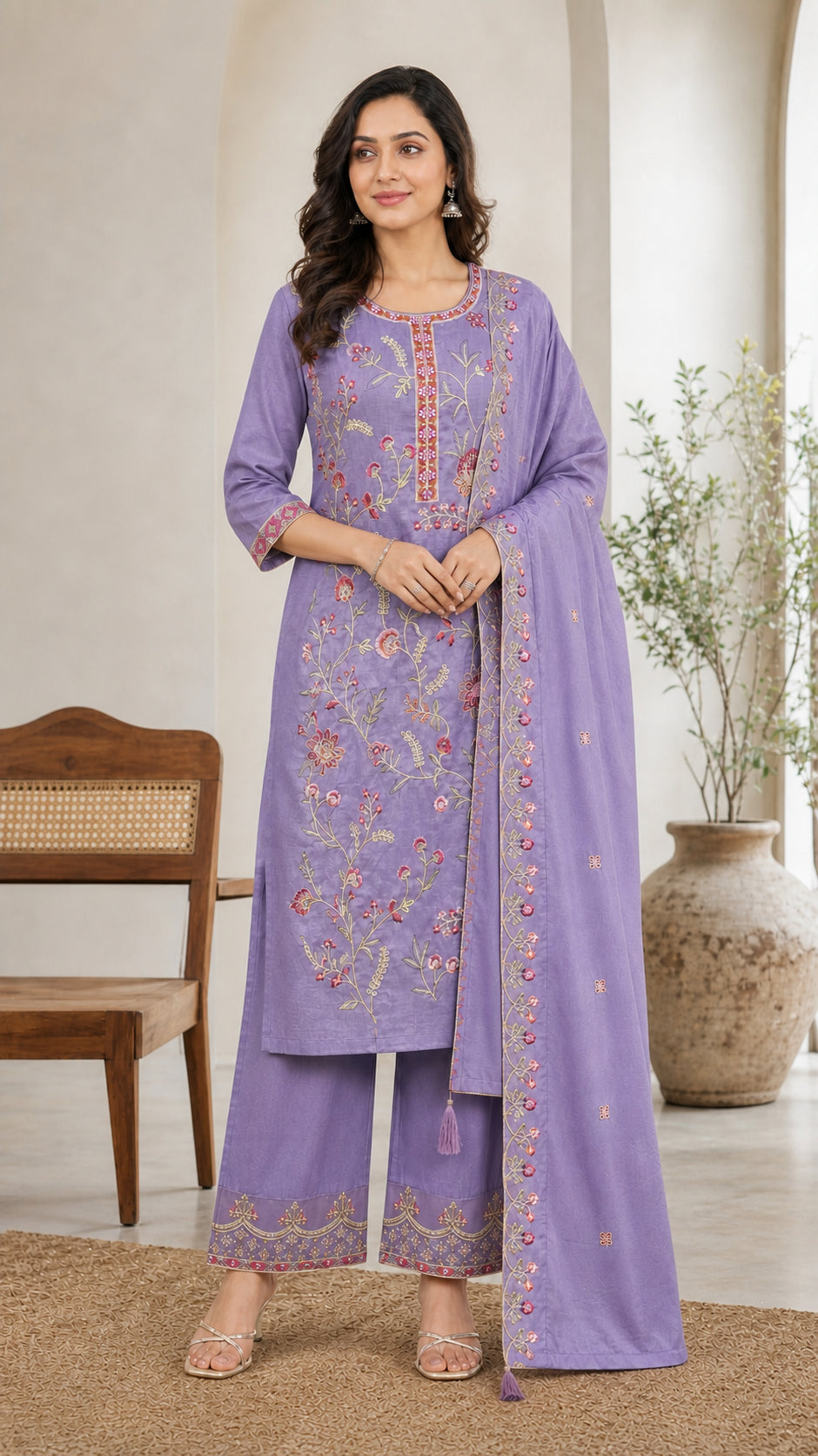 Peachmode Lavender Vichitra Silk Floral Embroidered Salwar Suit - Image 5