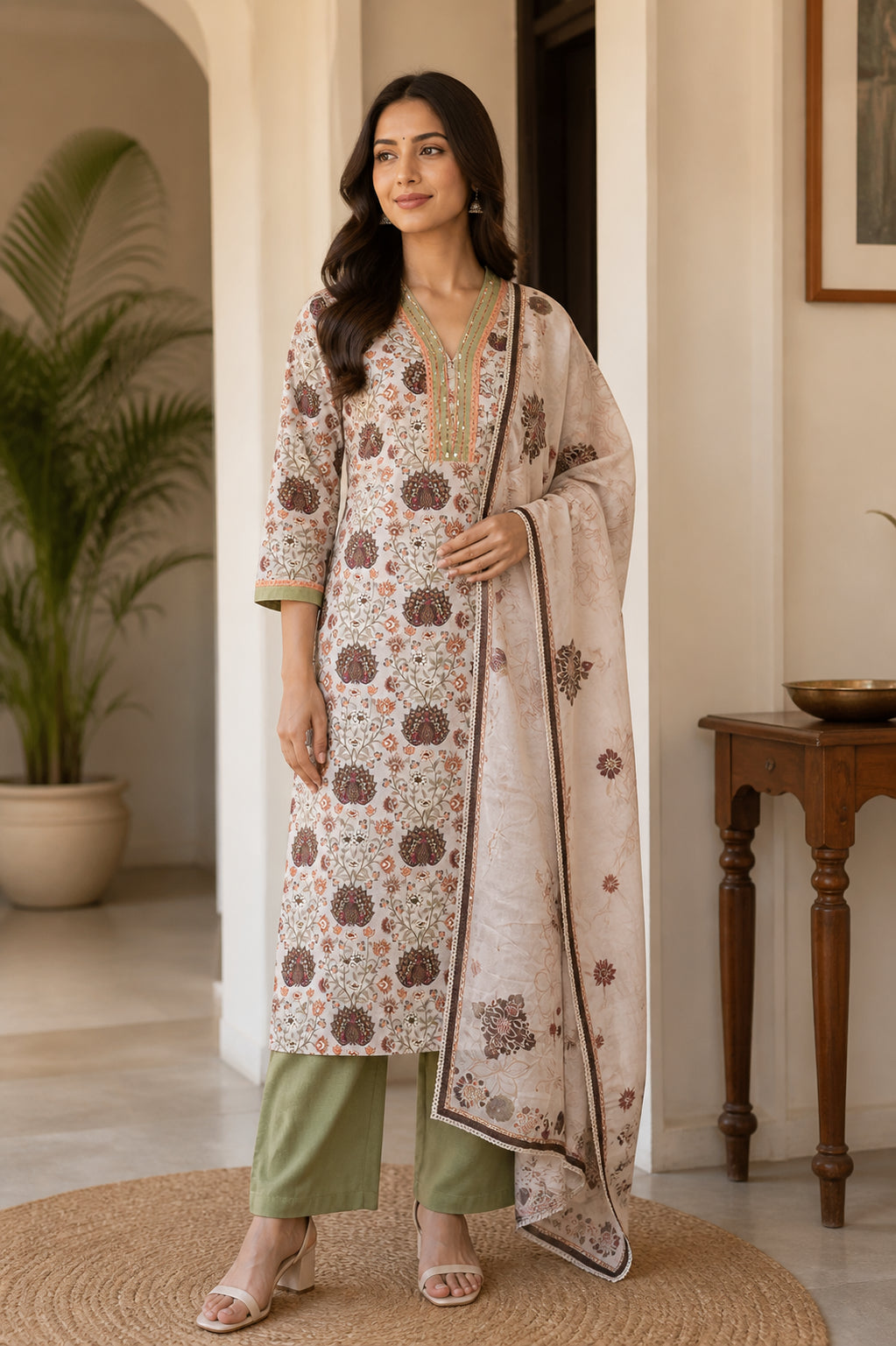 Peachmode Cream Pure Cotton Peacock Floral Printed Salwar Suit - Image 1