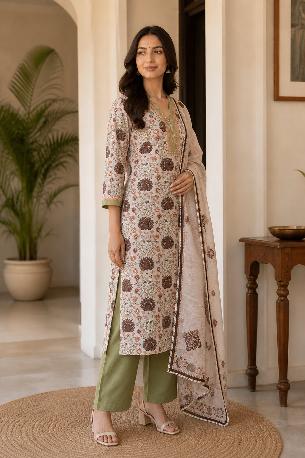 Peachmode Cream Pure Cotton Peacock Floral Printed Salwar Suit - Image 3