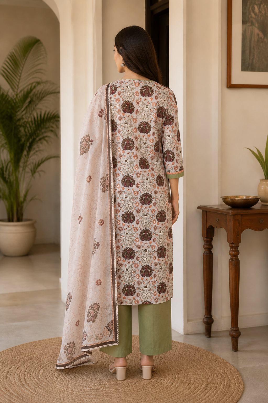 Peachmode Cream Pure Cotton Peacock Floral Printed Salwar Suit - Image 4