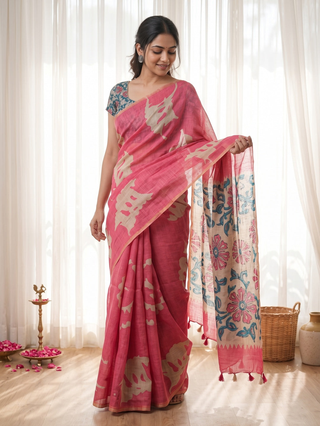 Elegant Pink Abstract Print Linen Saree with Floral Blouse - Image 6