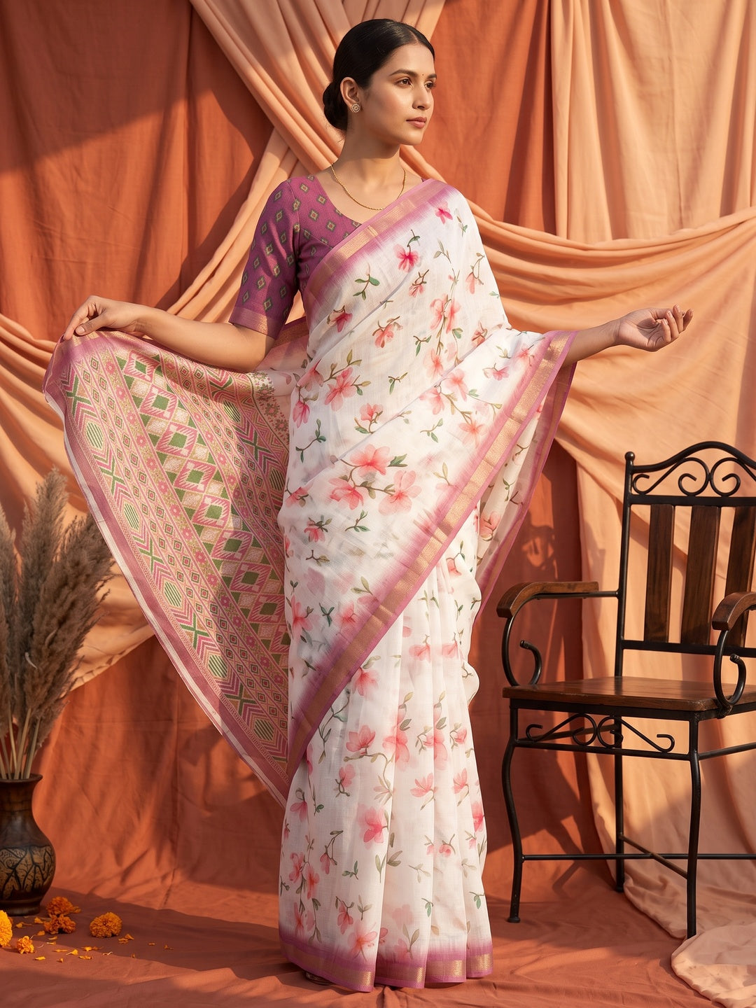 White & Pink Floral Digital Printed Linen Saree With Zari Border - Image 3