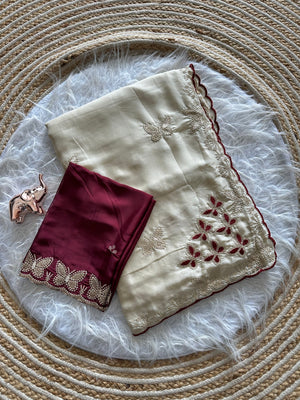 Peachmode Cream Floral Embroidered Viscose Rangoli Saree - Image 2