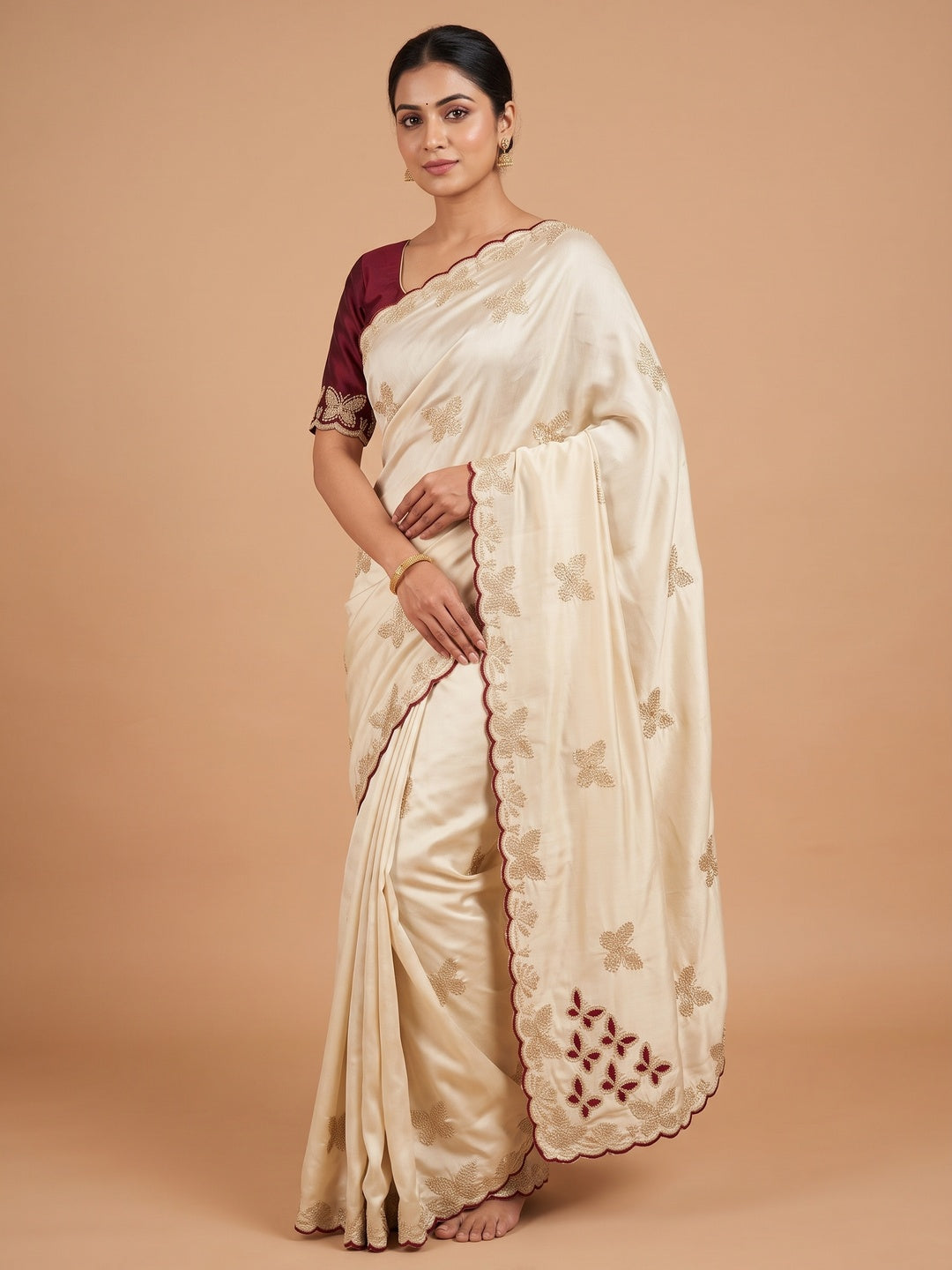 Peachmode Cream Floral Embroidered Viscose Rangoli Saree - Image 1