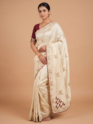 Peachmode Cream Floral Embroidered Viscose Rangoli Saree - Image 1