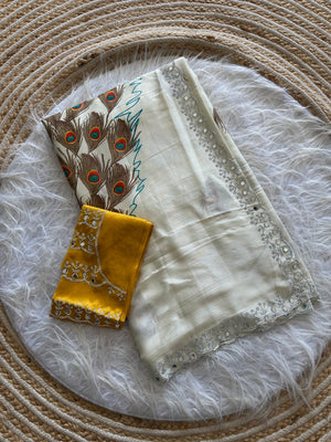 Peachmode Cream Peacock Printed Silk Chinon Saree - Image 2