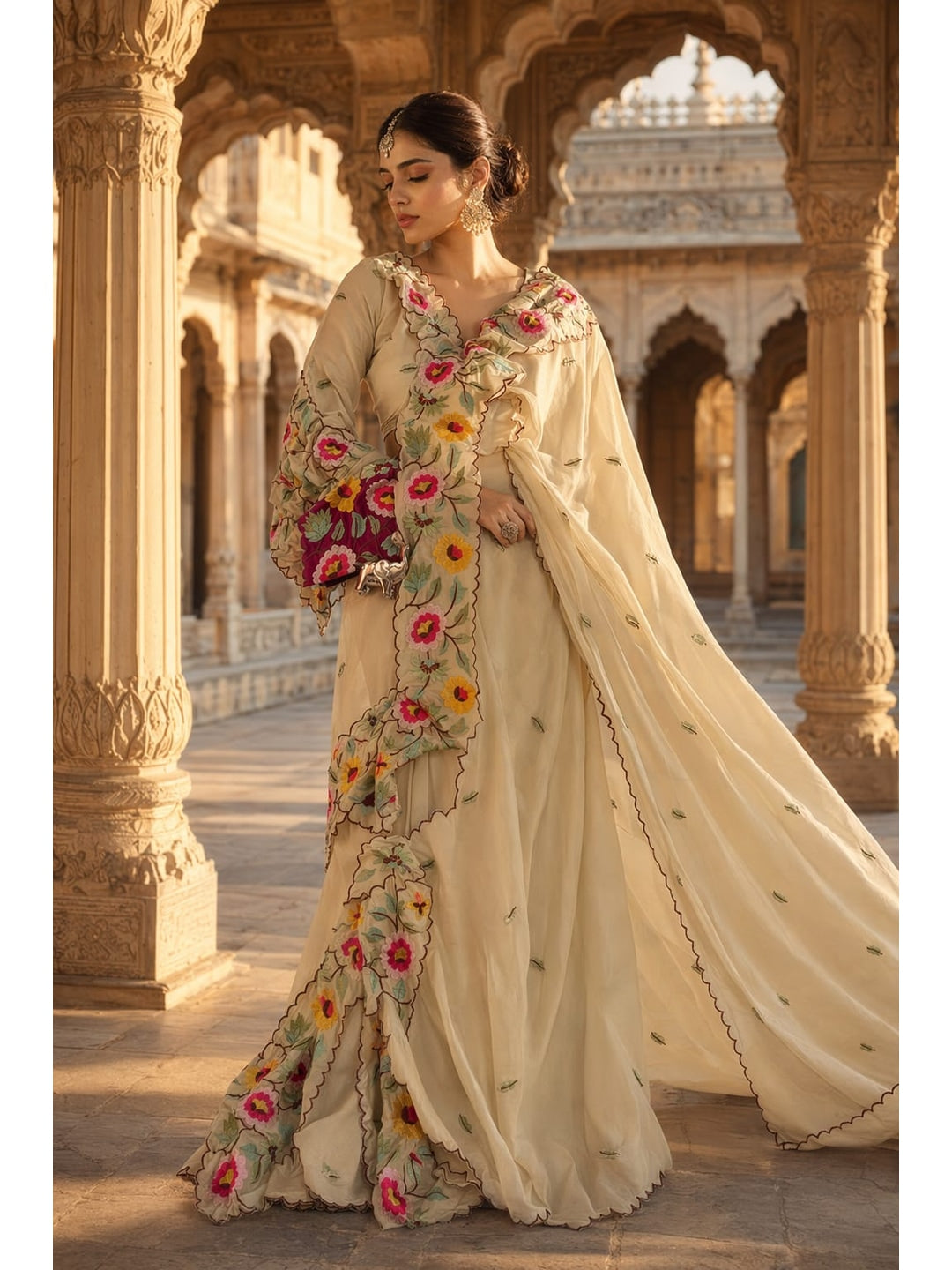 Peachmode Chiku Floral Embroidered Star Georgette Saree - Image 1