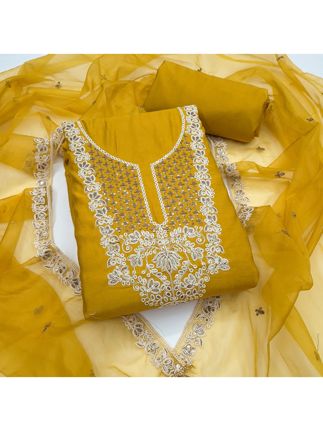 Peachmode Mustard Floral Embroidered Roman Silk Dress Material - Image 1