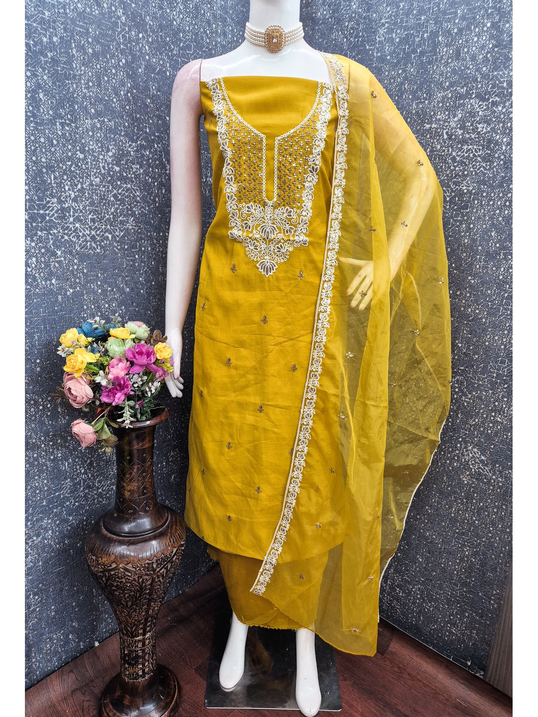 Peachmode Mustard Floral Embroidered Roman Silk Dress Material - Image 3