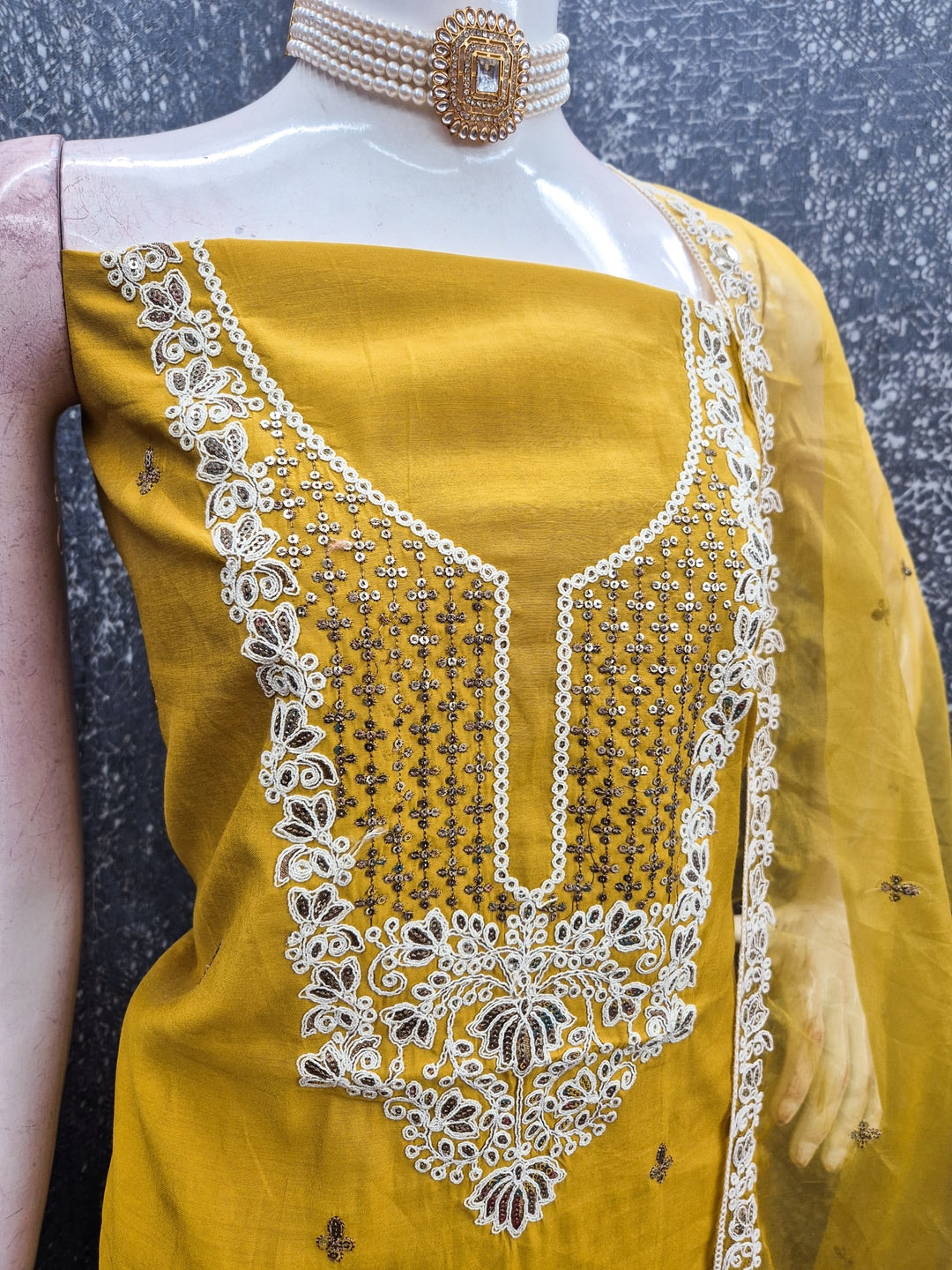 Peachmode Mustard Floral Embroidered Roman Silk Dress Material - Image 4