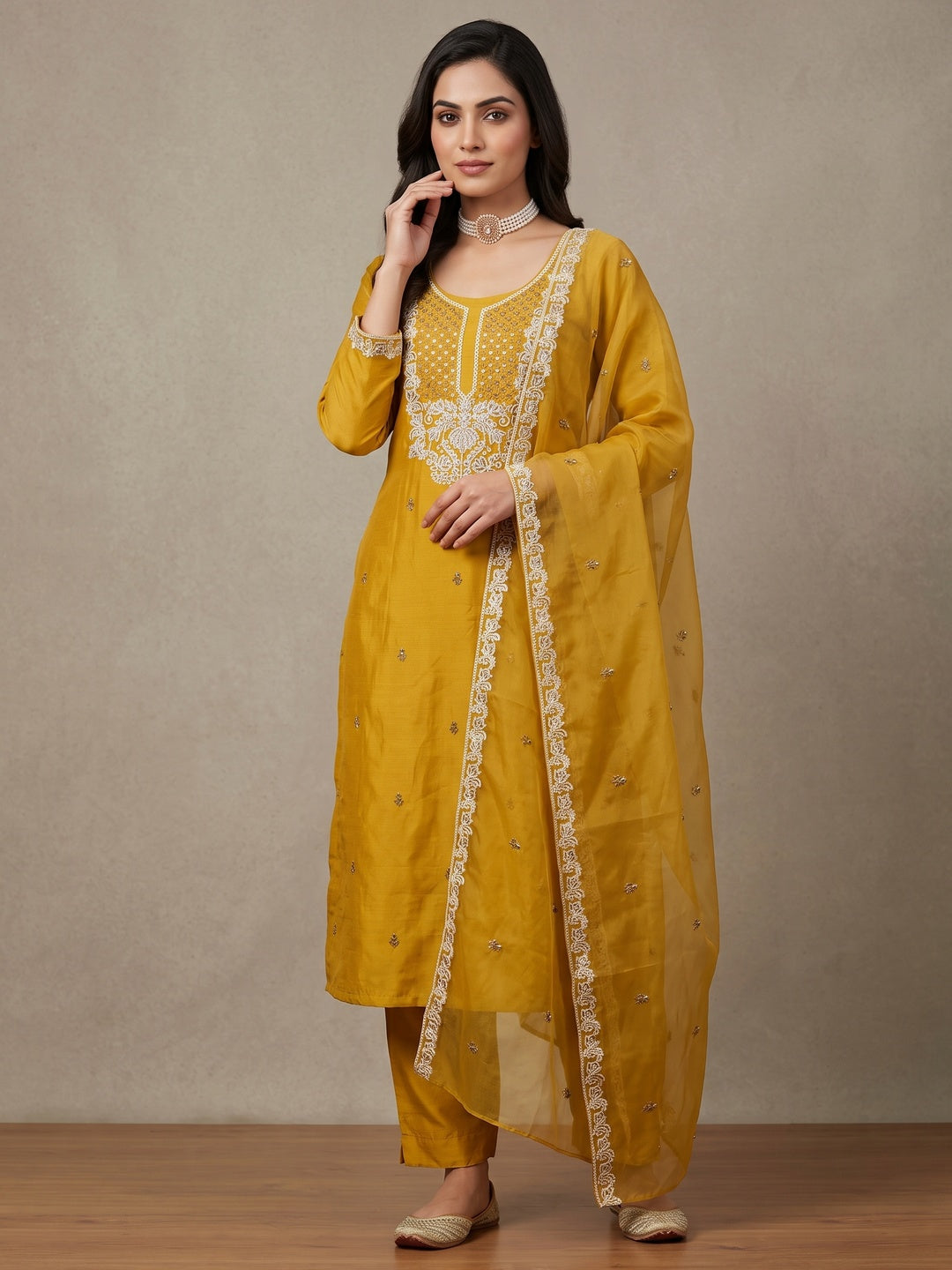 Peachmode Mustard Floral Embroidered Roman Silk Dress Material - Image 2
